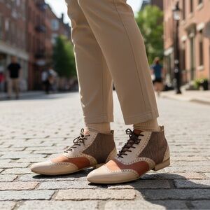 Dsign Step Leather With Broguing Herringbone Tweed Booties - Size US 6